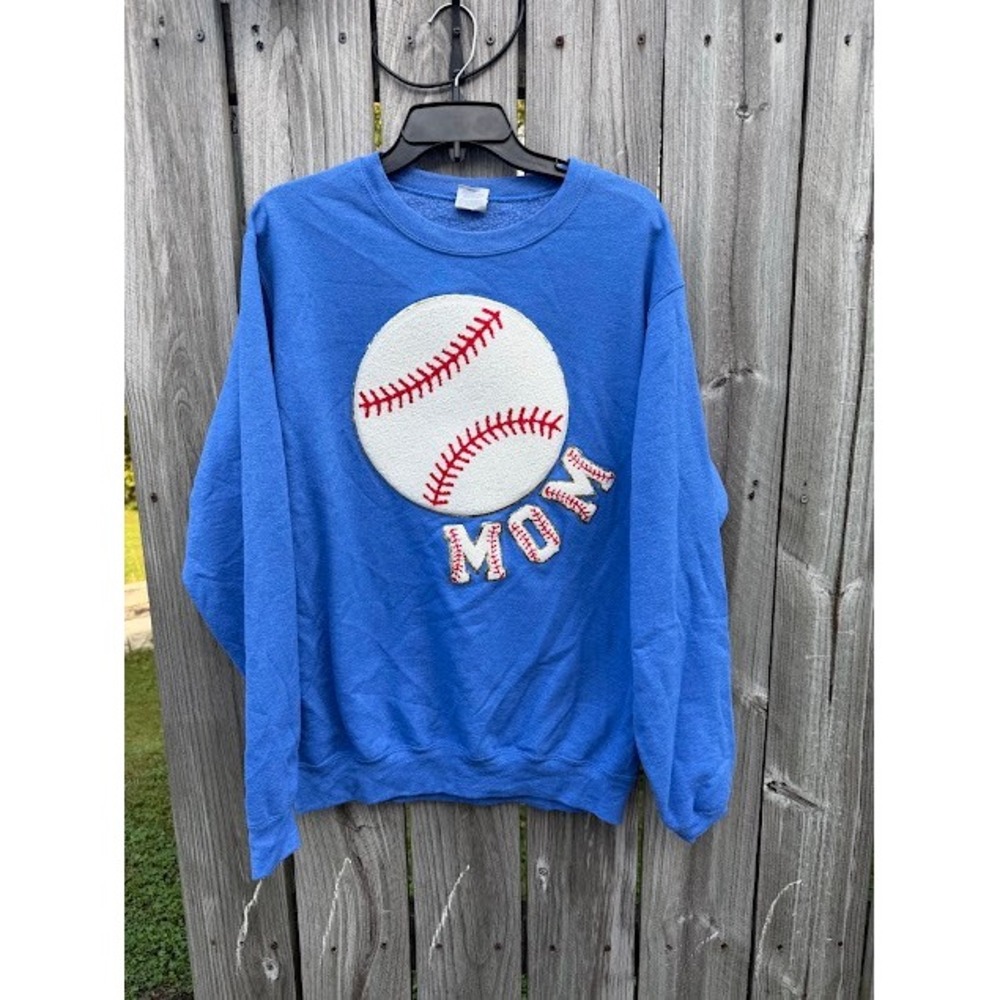 Baseball Mom Game Day Port & Company Sweatshirt M Blue Chenille Patch Pullover